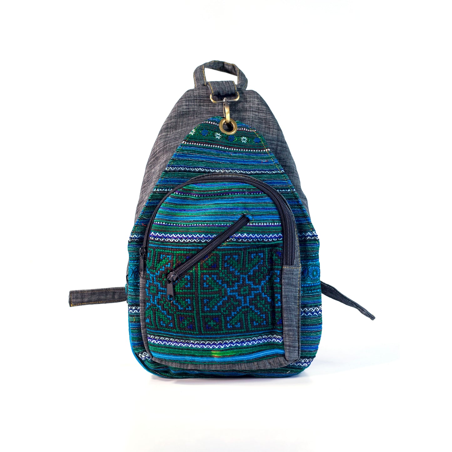 Multi-purpose backpack and sling, blue hand-embroidery fabric, grey trim