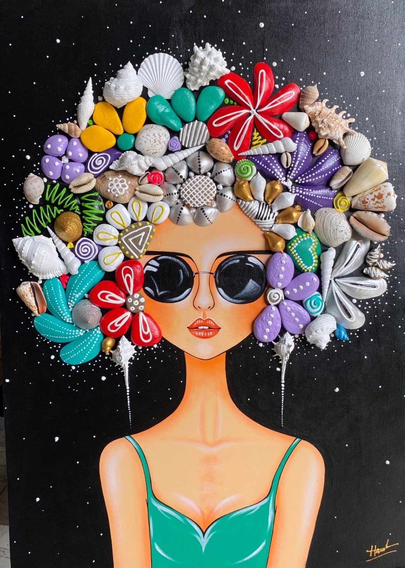 'Cool girl in green', canvas with crafted pebbles and seashells