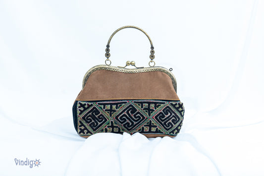 Brown Suede leather bag with vintage tribal embroidery and copper-binding