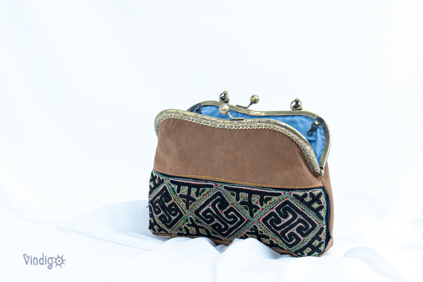 Brown Suede leather bag with vintage tribal embroidery and copper-binding