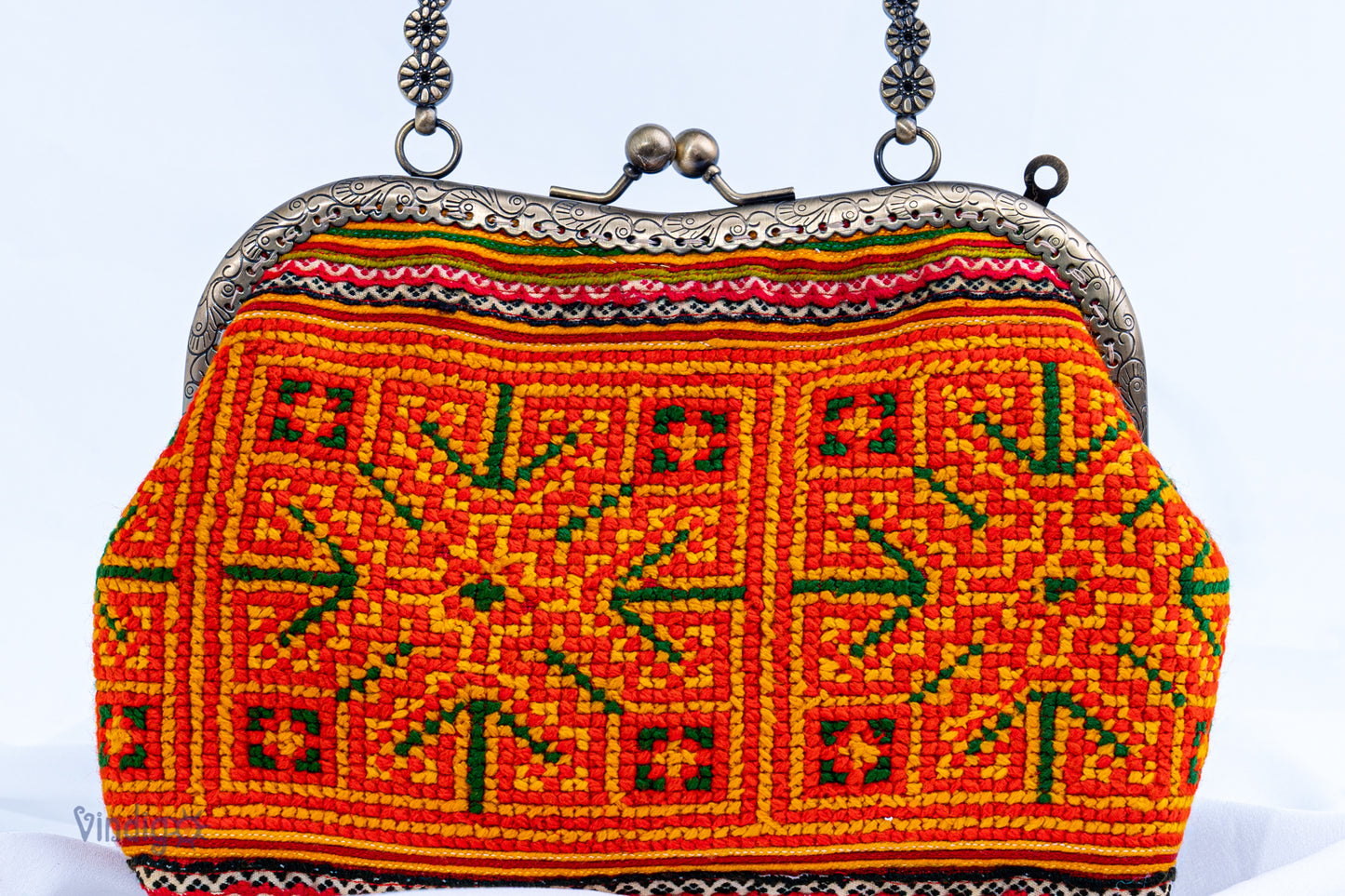 Orange Crystal embroidered pattern shoulder bag with copper-binding
