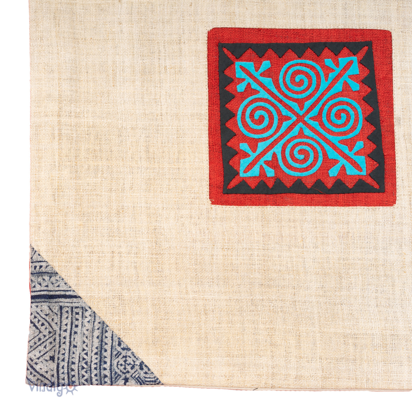 White Hemp Cushion Cover, Indigo batik corners, bright blue hand-embroidered patch