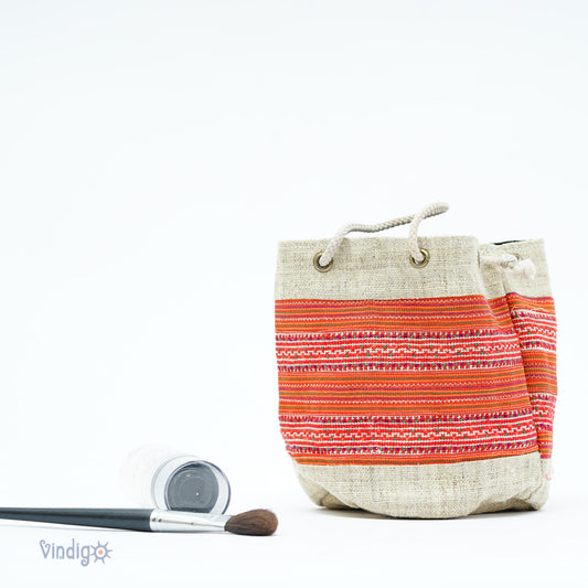 Mini hemp bag with string, red tribal pattern