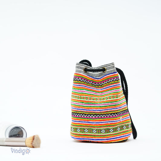 Mini hemp bag with string, tribal pattern from H'mong skirt