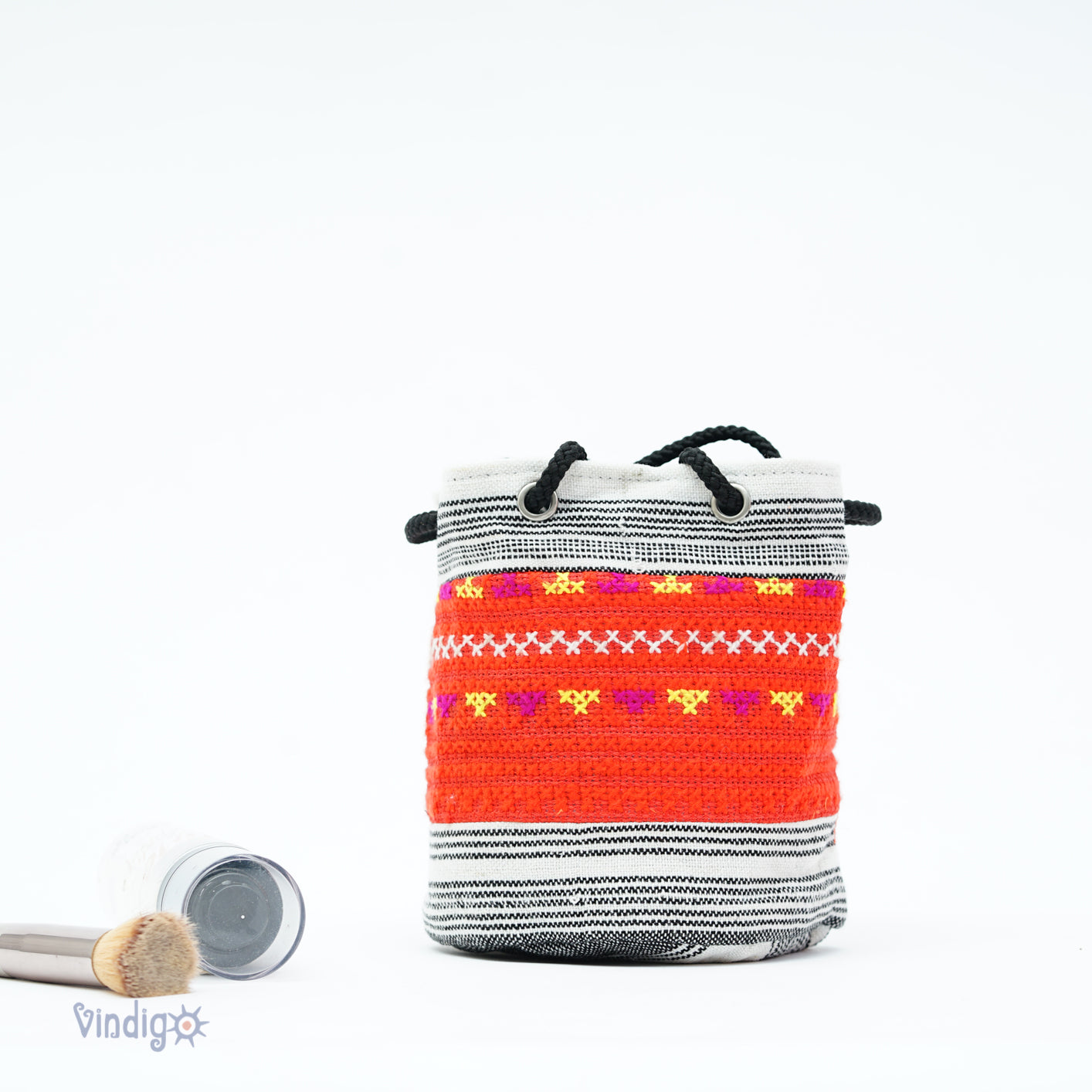 Red mini hemp bag with string, black and white stripe with red tribal pattern