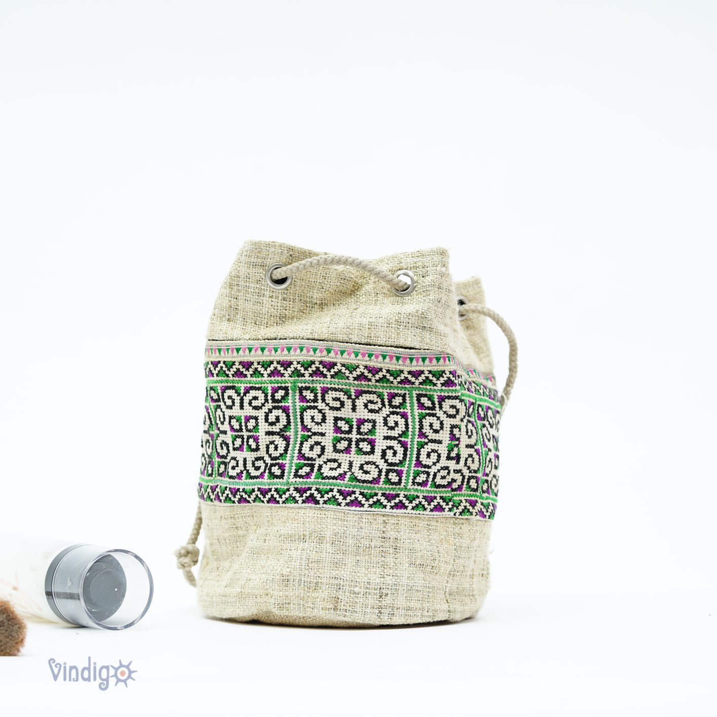 Raw hemp mini bag with string, tribal pattern