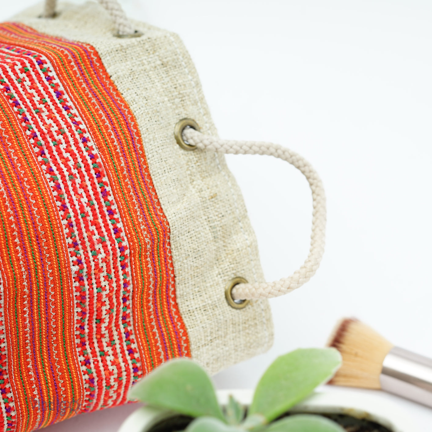 Mini hemp bag with string, red tribal pattern