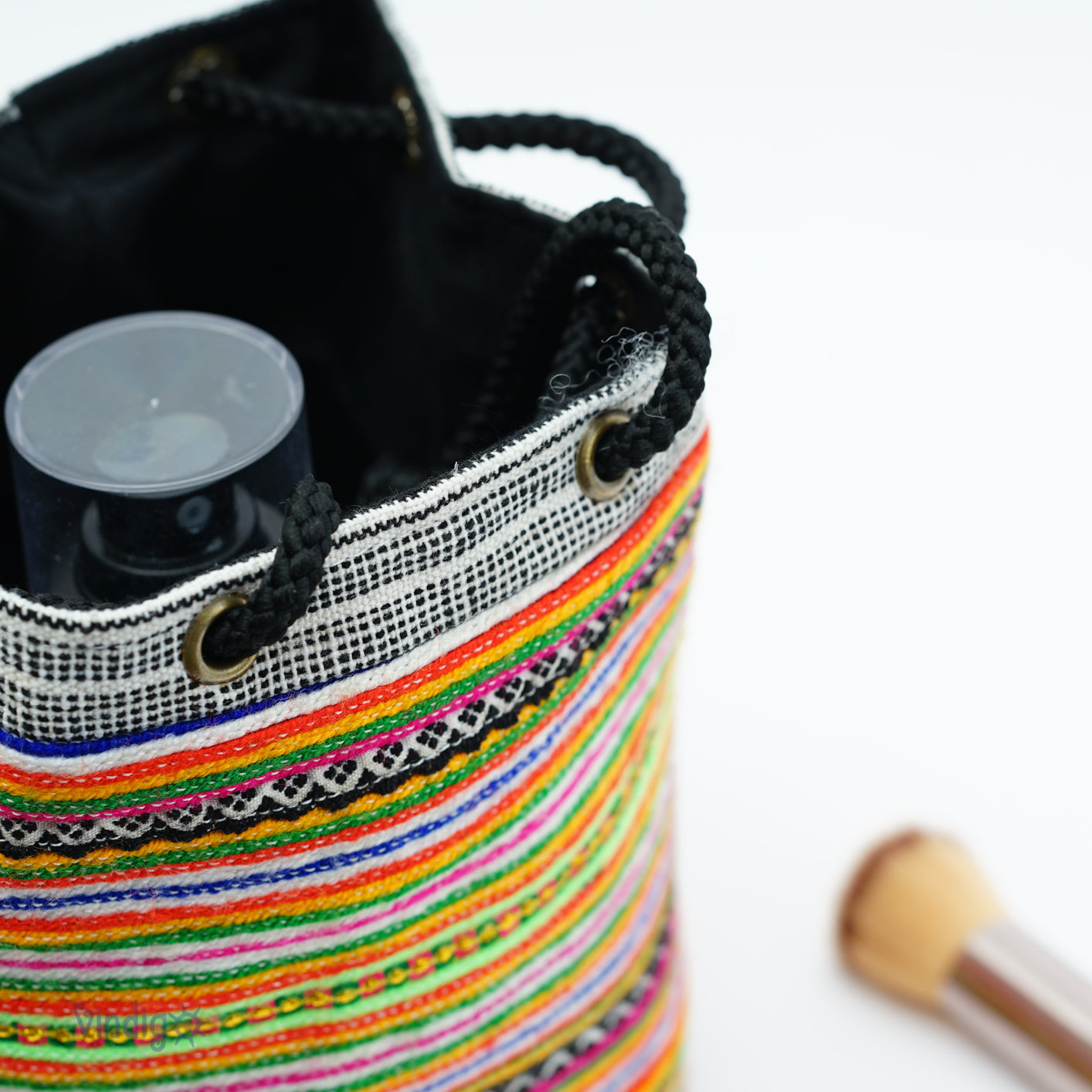 Mini hemp bag with string, tribal pattern from H'mong skirt