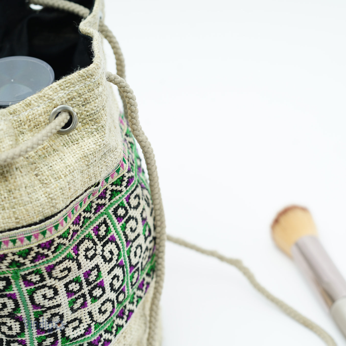 Raw hemp mini bag with string, tribal pattern
