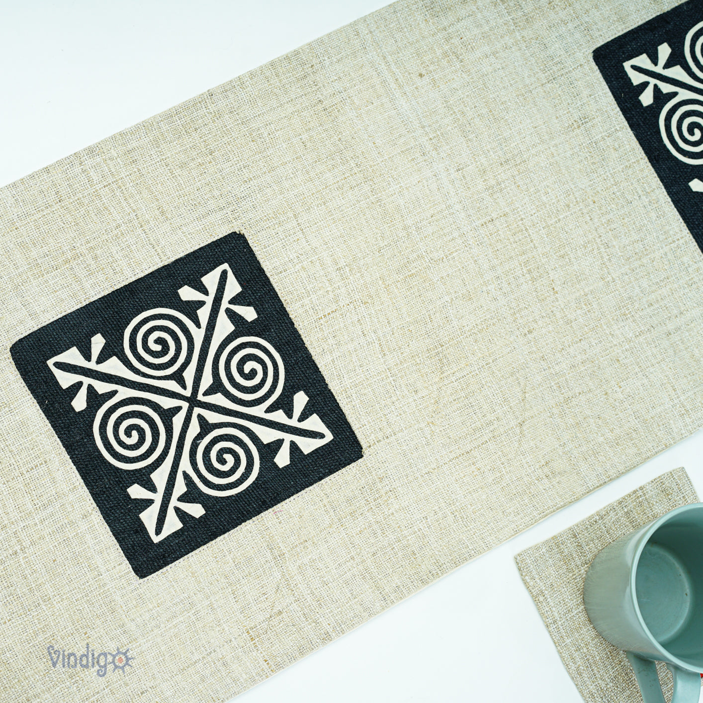 White Hemp Table Runner with hand-embroidered decorative patch