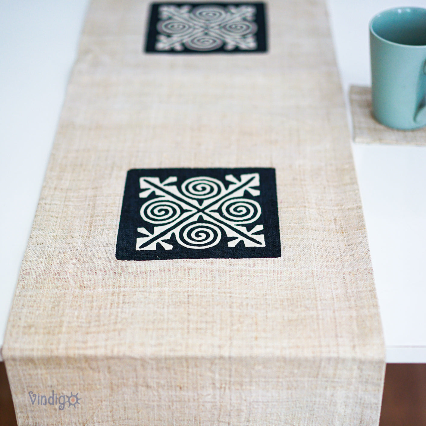 White Hemp Table Runner with hand-embroidered decorative patch