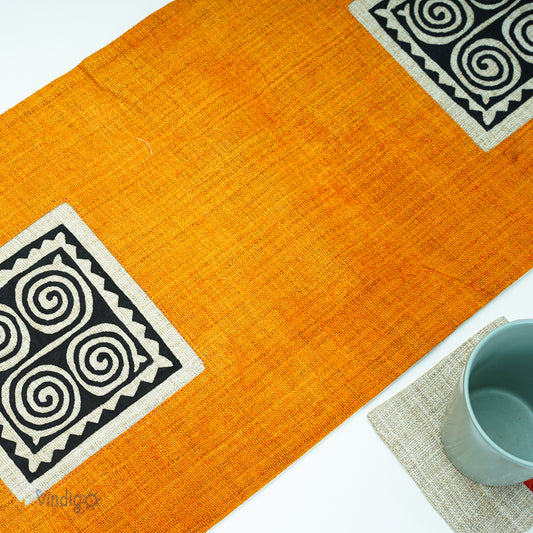 Orange Hemp Table Runner with hand-embroidered decorative patch