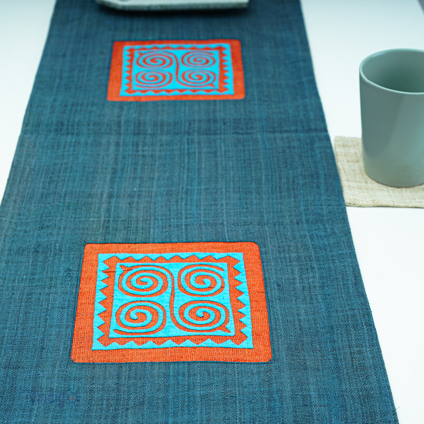 Indigo Blue Hemp Table Runner, hand-embroidered patch, hemp stripes in different colors