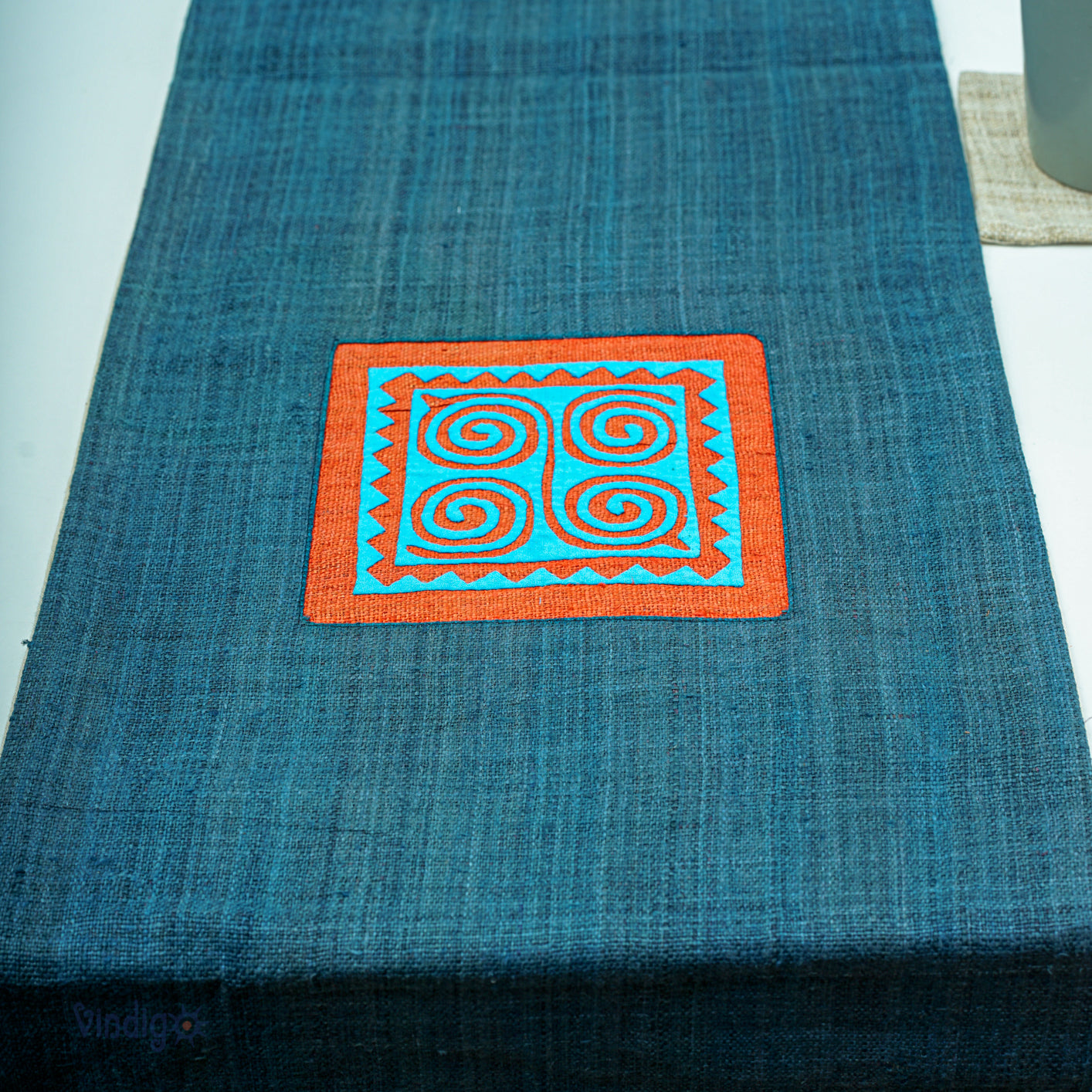 Indigo Blue Hemp Table Runner, hand-embroidered patch, hemp stripes in different colors