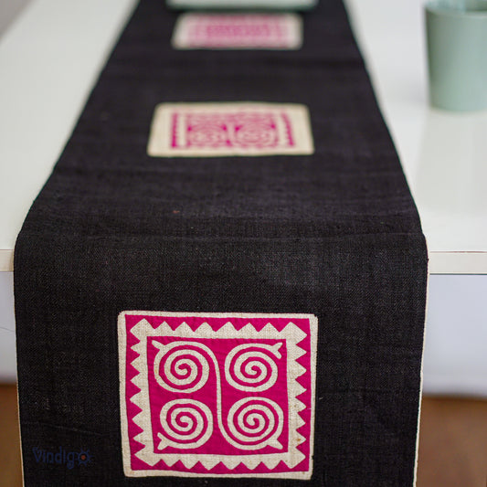 Black Hemp Table Runner with hand-embroidered decorative patch