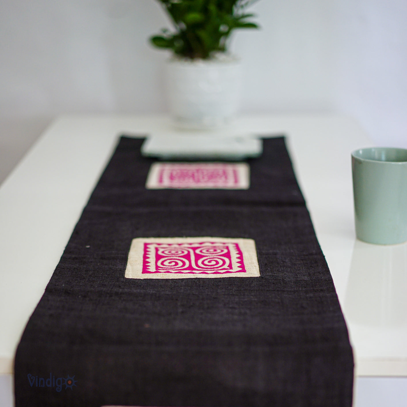 Black Hemp Table Runner with hand-embroidered decorative patch