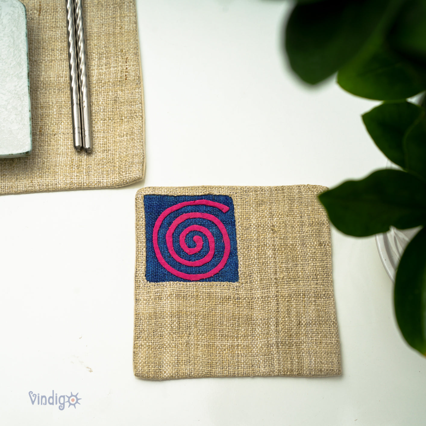 Beige Hemp coaster with embroidered patch