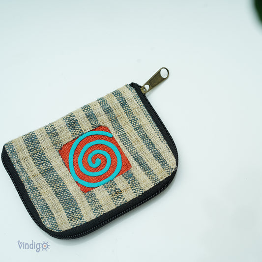 Beige and grey stripe wallet, handwoven hemp fabric, H'mong hand embroidery in bright blue, 5 pockets with a zip