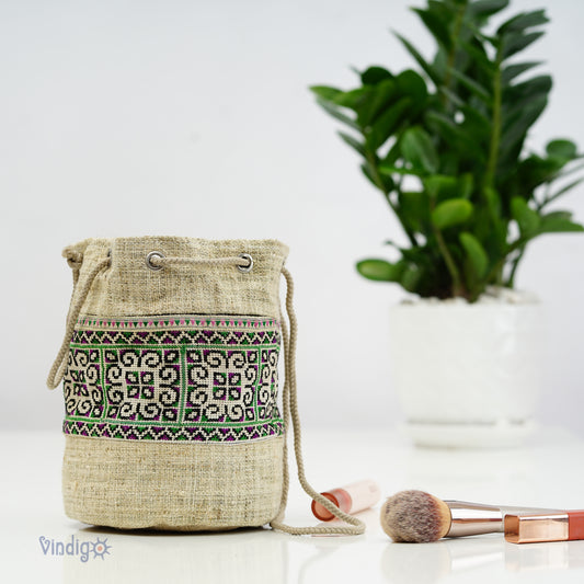 Raw hemp mini bag with string, tribal pattern