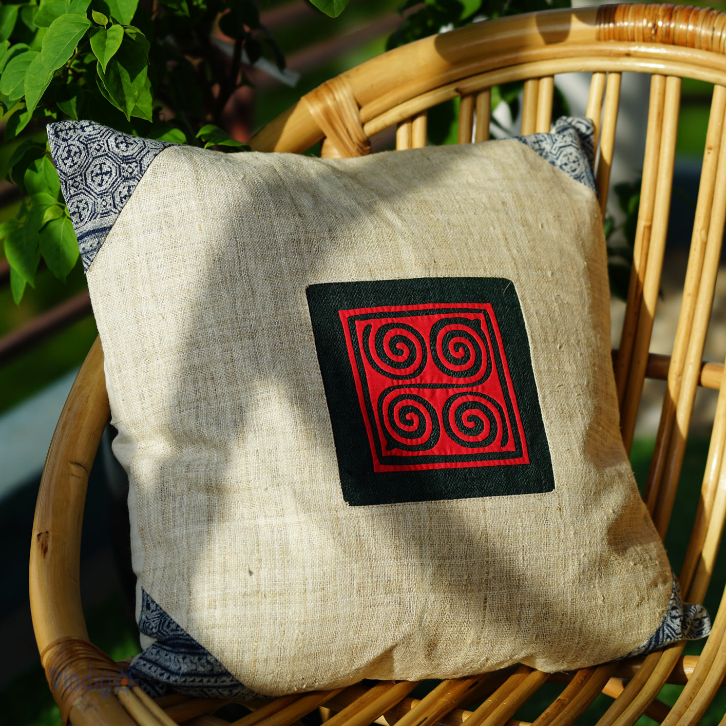 White Hemp Cushion Cover, beeswax batik at corner, red hand-embroidered patch
