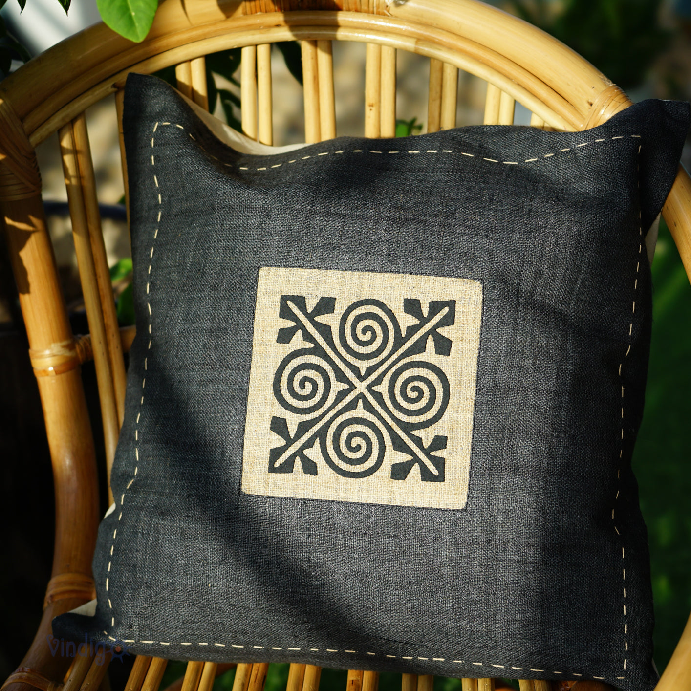 Black Hemp Cushion Cover - H'mong pattern, hand-stitches