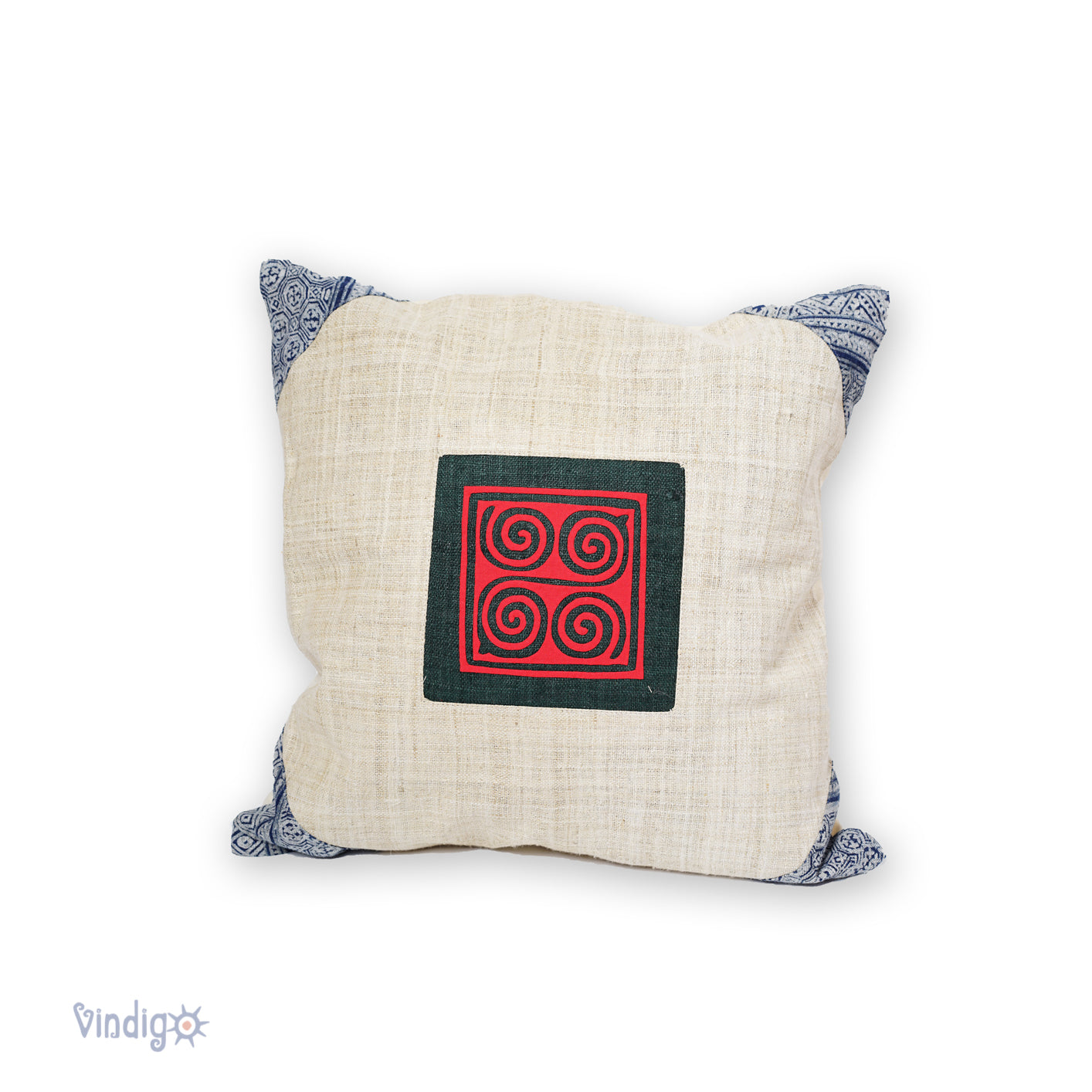 White Hemp Cushion Cover, beeswax batik at corner, red hand-embroidered patch