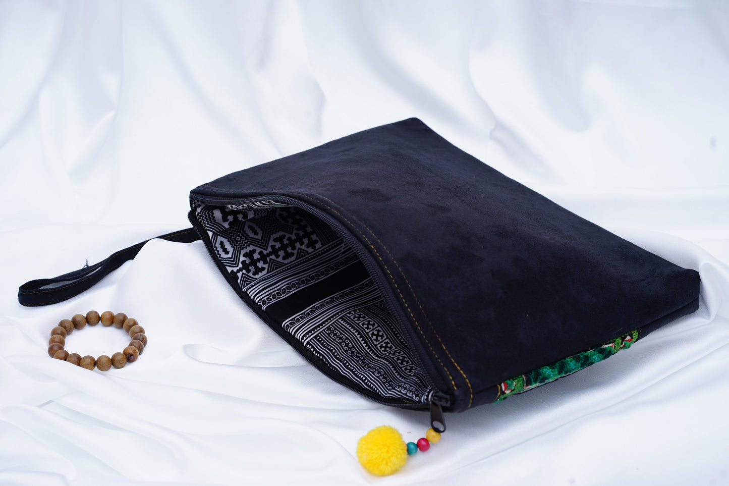 Unique vintage embroidery, luxury rectangle flat suede purse, silk hand-embroidered, tribal pattern