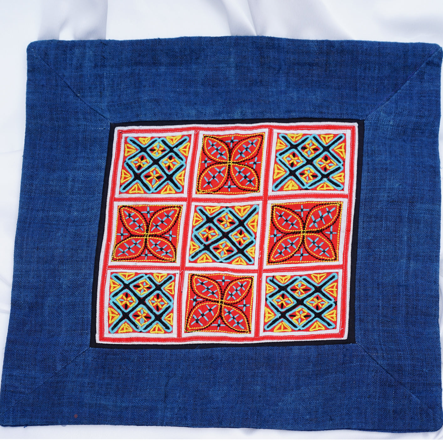 Unique embroidered pattern, Indigo Blue Hemp Cushion Cover