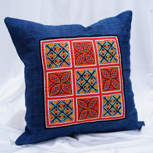 Unique embroidered pattern, Indigo Blue Hemp Cushion Cover