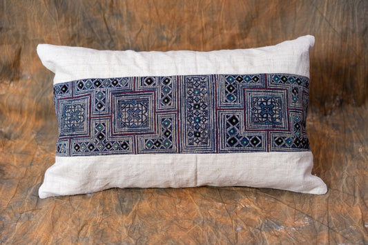 White Hemp Lumpar Cushion Cover, H'mong vintage cloth, batik painting pattern