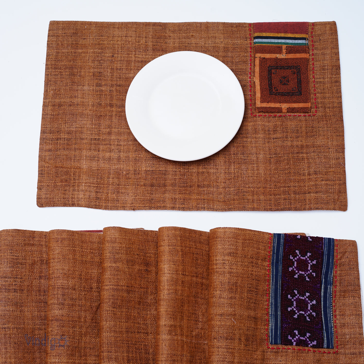 Brown hemp placemat, hand-embroidered patch, hand stitches