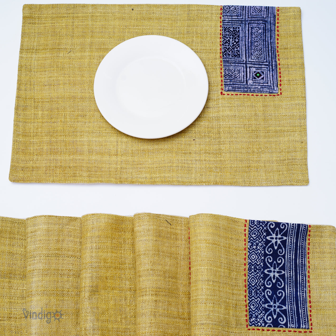Yellow hemp placemat, hand-embroidered patch, hand stitches