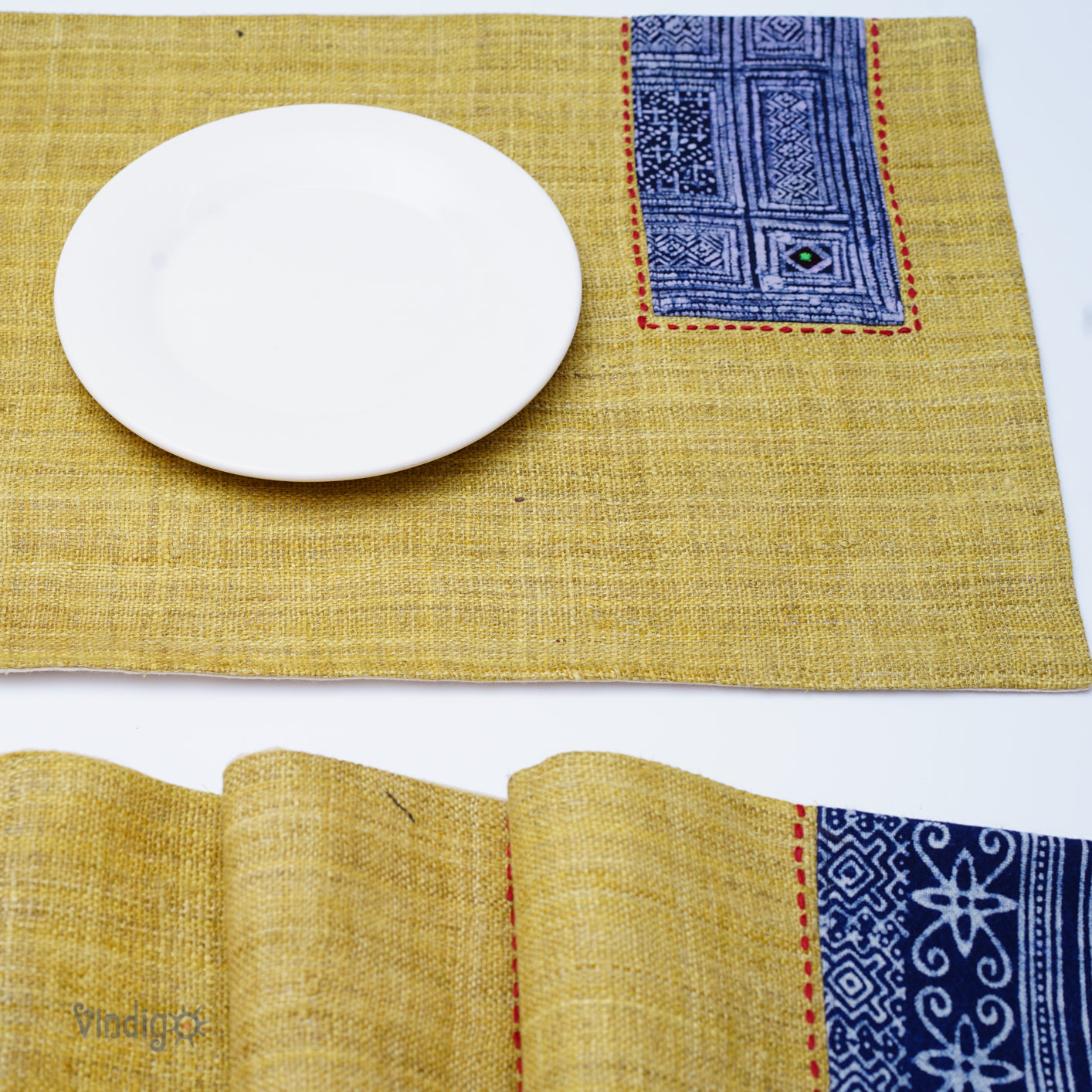 Yellow hemp placemat, hand-embroidered patch, hand stitches