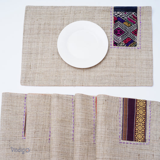 Beige hemp placemat, hand-embroidered patch, hand stitches