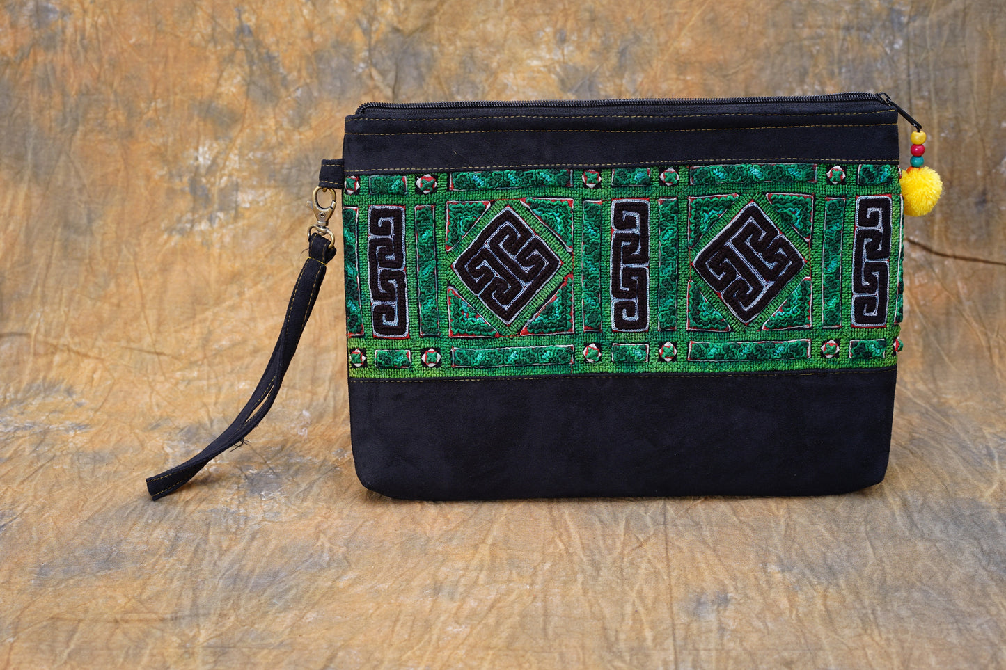 Unique vintage embroidery, luxury rectangle flat suede purse, silk hand-embroidered, tribal pattern