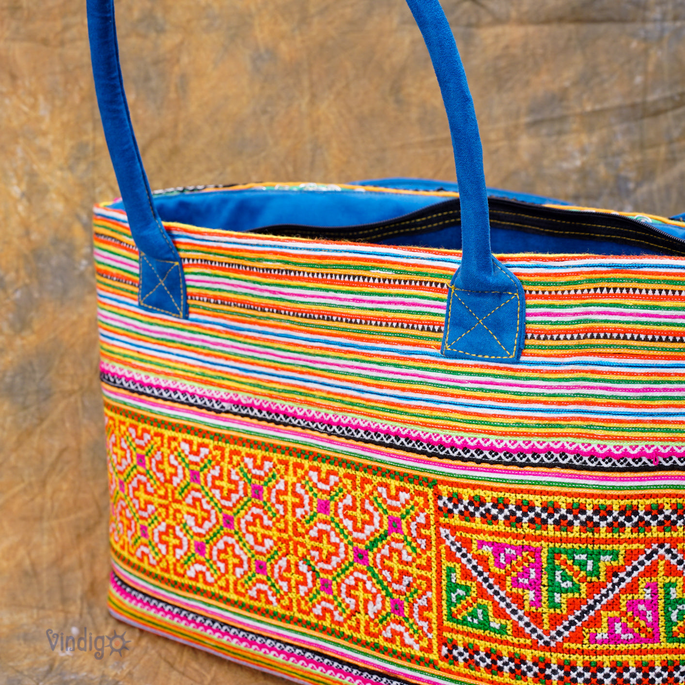 Orange rectangle form bag, hand-embroidered, tribal pattern