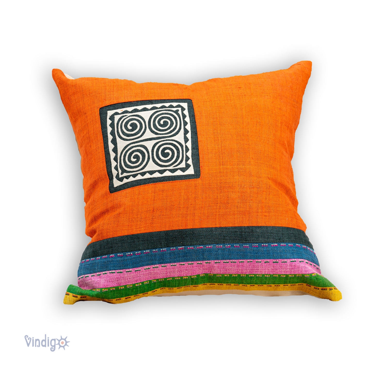 Orange Hemp Cushion Cover with stripes in different colors and hand-stitches on the front