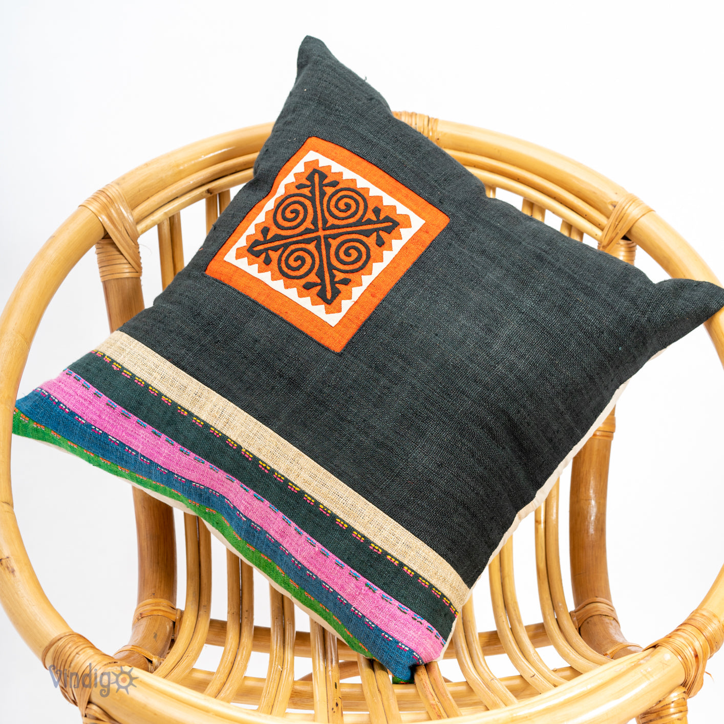 Black Hemp Cushion Cover with stripes in different colors, hand-stitches on the front