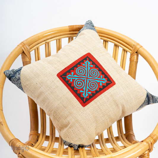 White Hemp Cushion Cover, Indigo batik corners, bright blue hand-embroidered patch