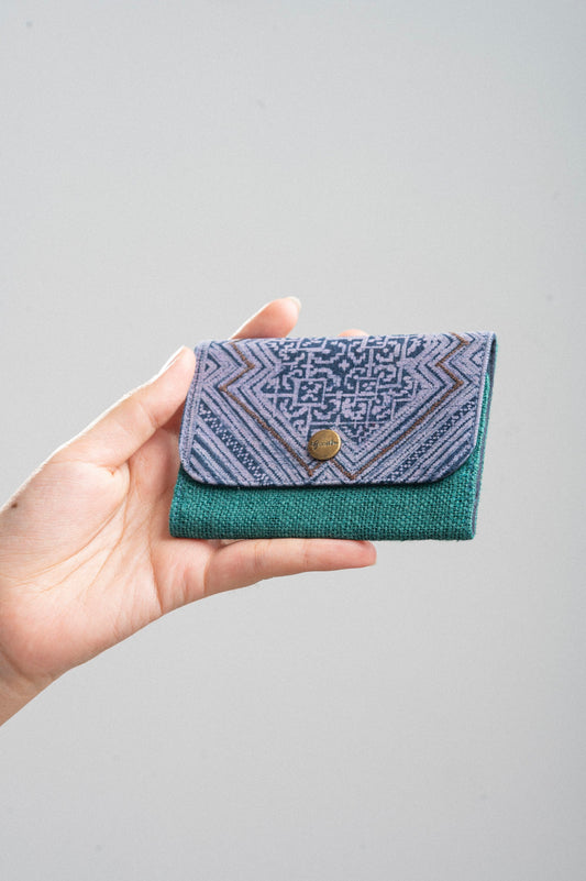 Green Hemp card holder, Indigo Batik fabric