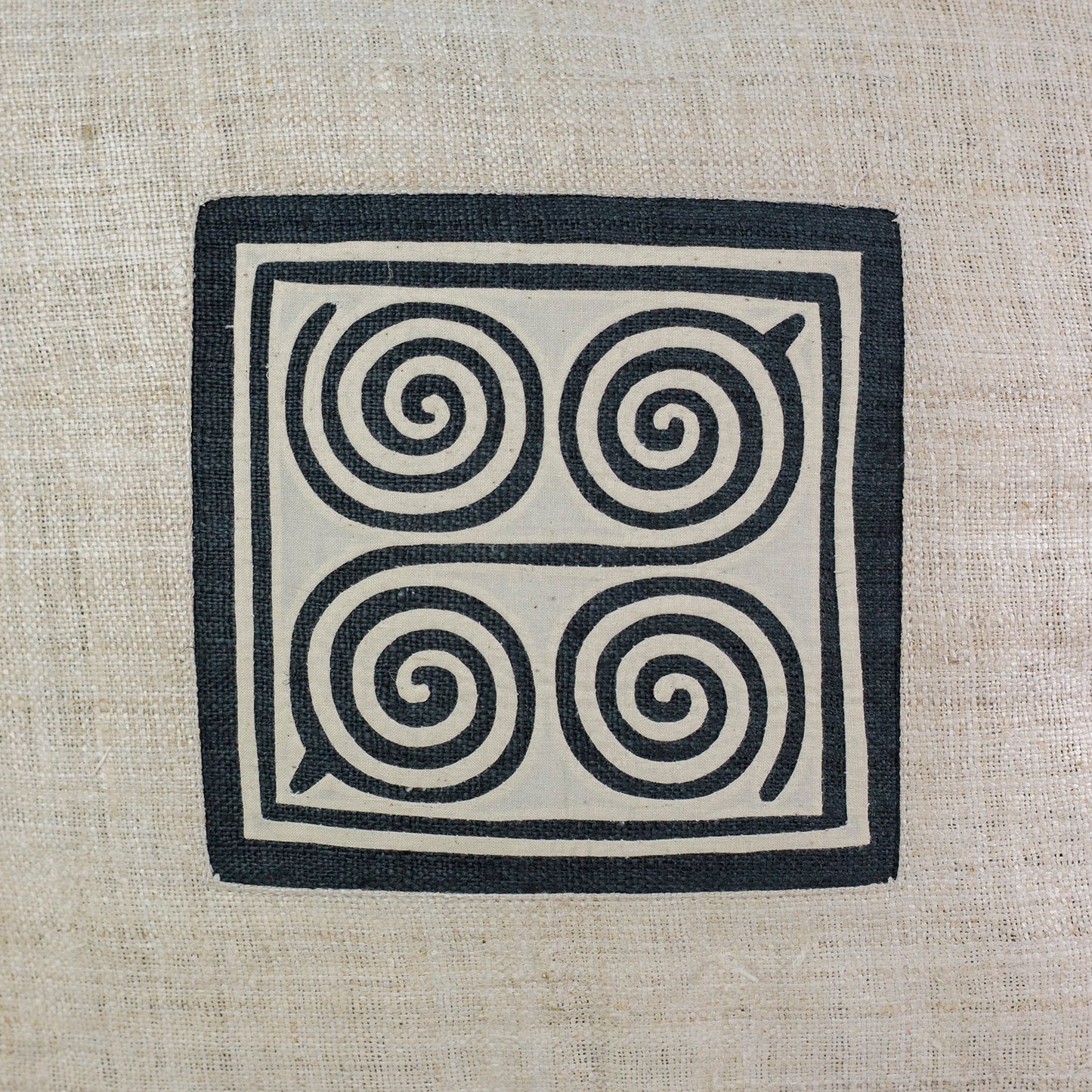 White Hemp Cushion Cover, beeswax batik corner, white hand-embroidered patch