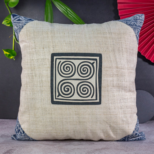 White Hemp Cushion Cover, beeswax batik corner, white hand-embroidered patch