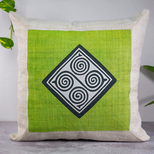 Beige Hemp Cushion Cover - H'mong pattern, green hemp at center
