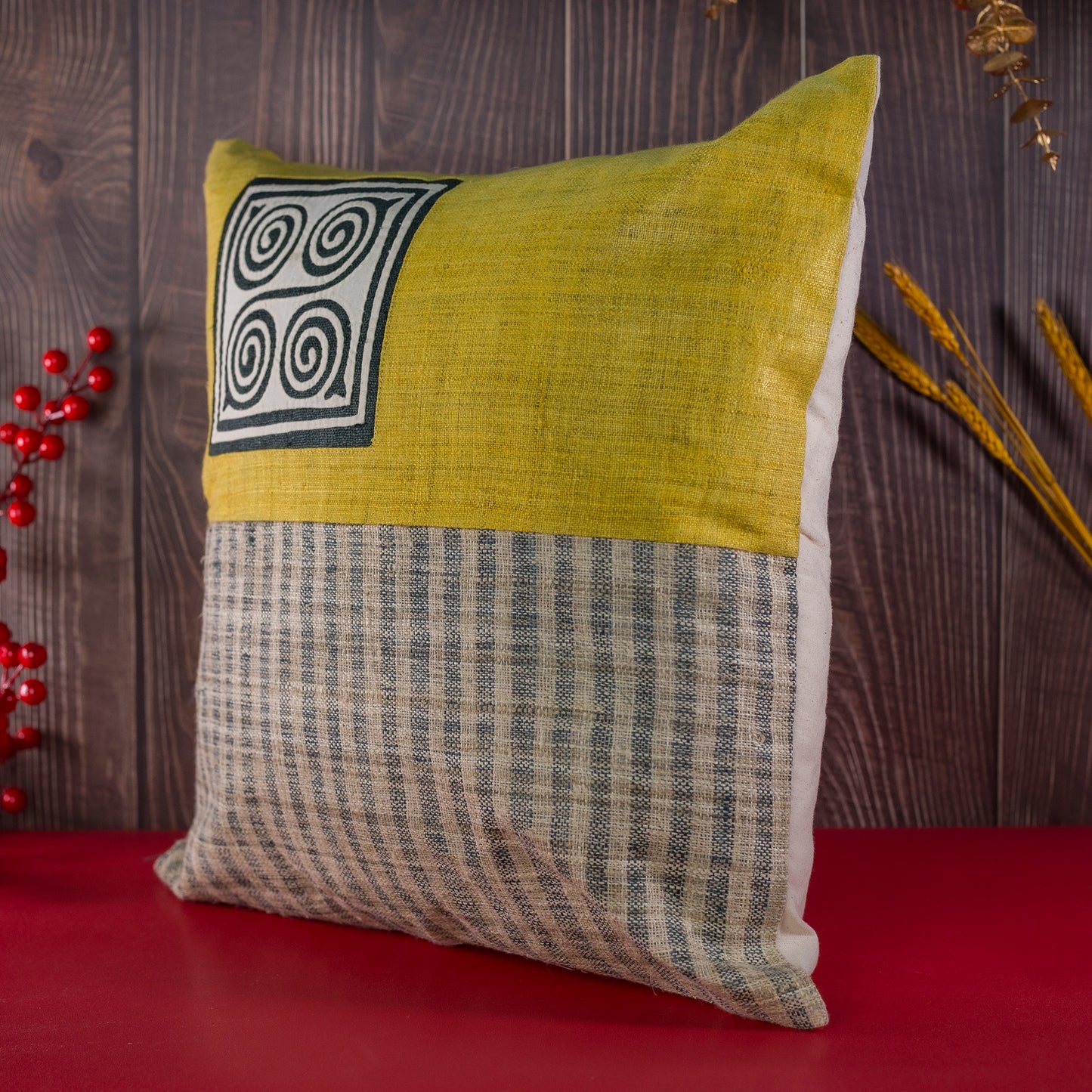 Yellow Hemp Cushion Cover - H'mong pattern, woven fabric stripes