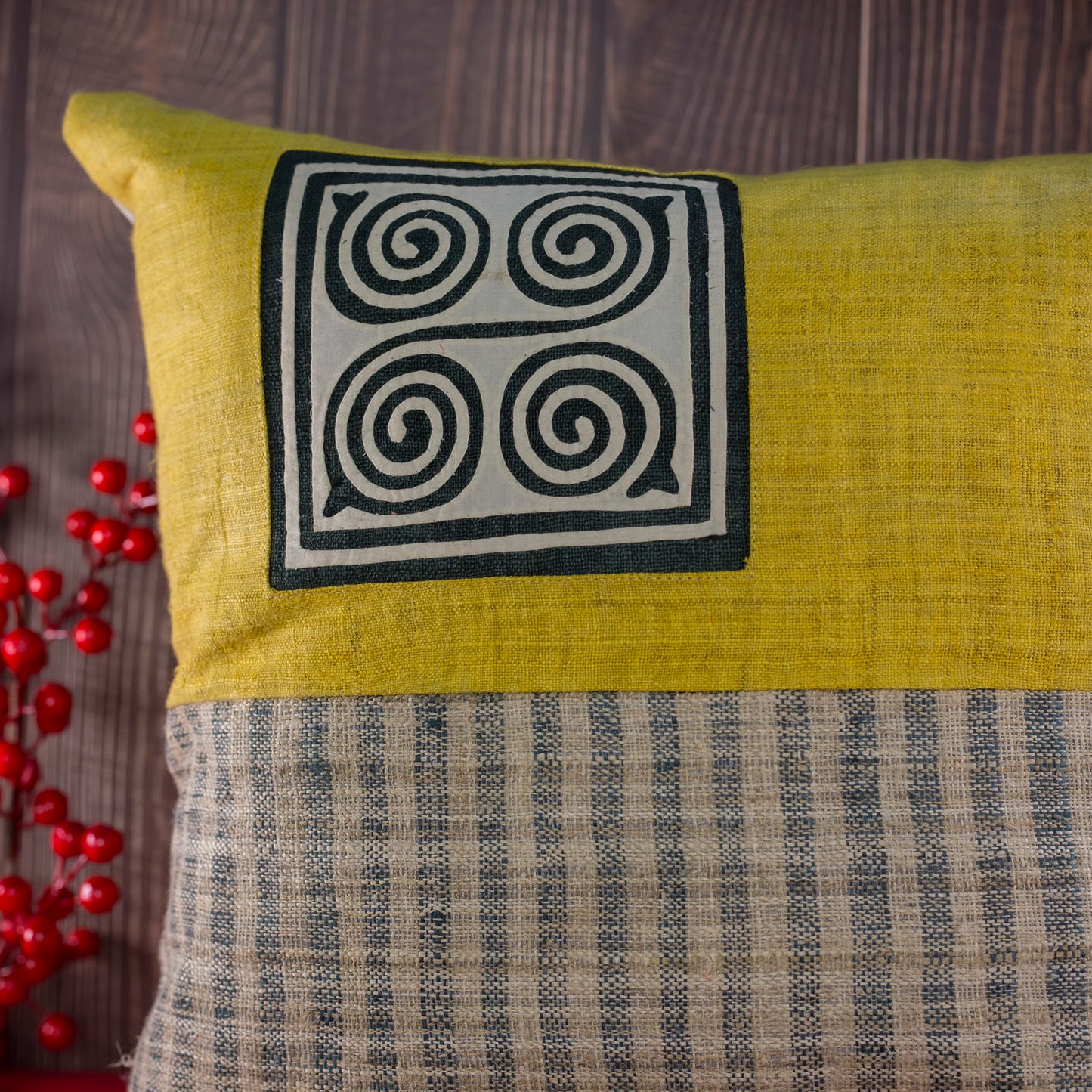 Yellow Hemp Cushion Cover - H'mong pattern, woven fabric stripes