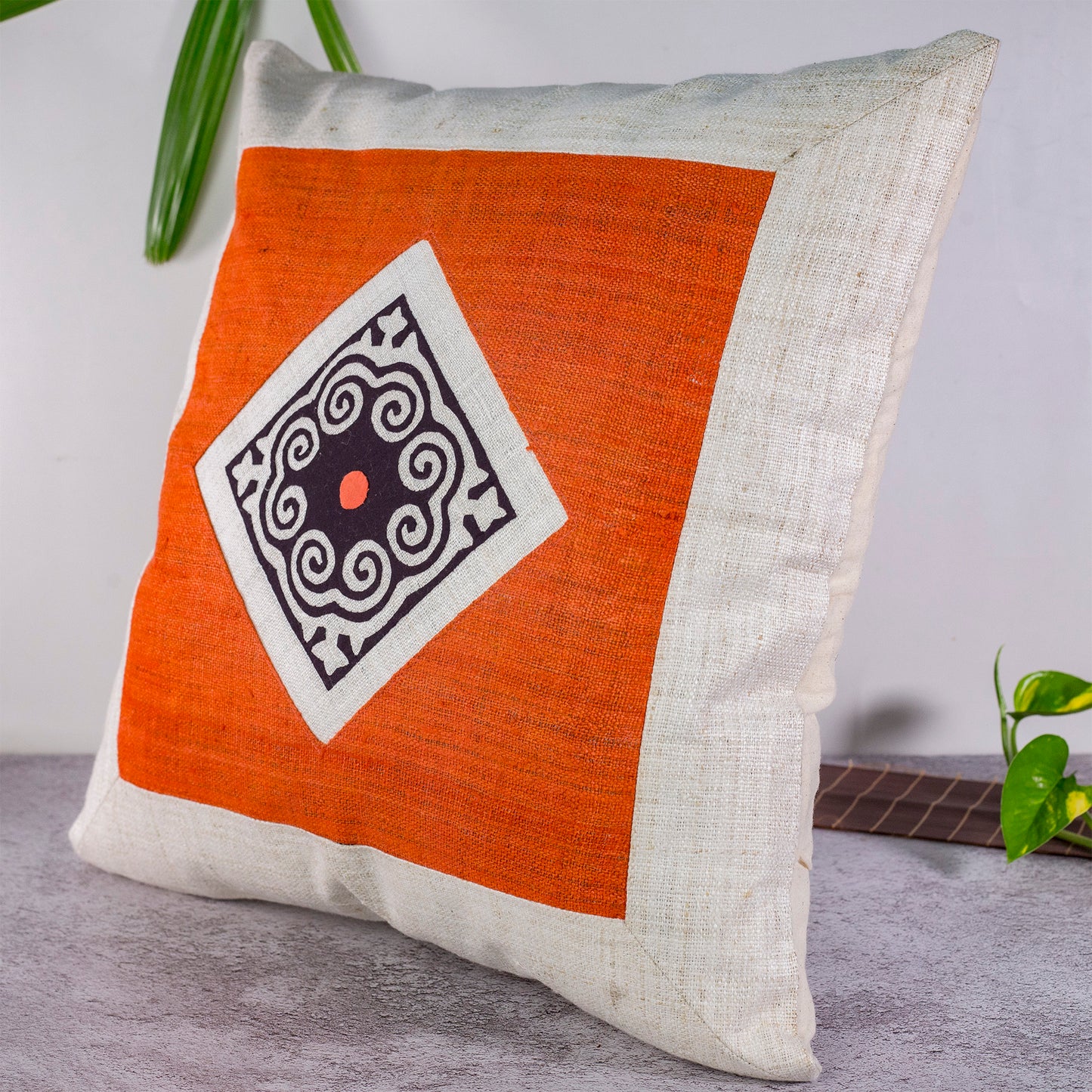 Hemp Cushion Cover - H'mong pattern, orange hemp at center