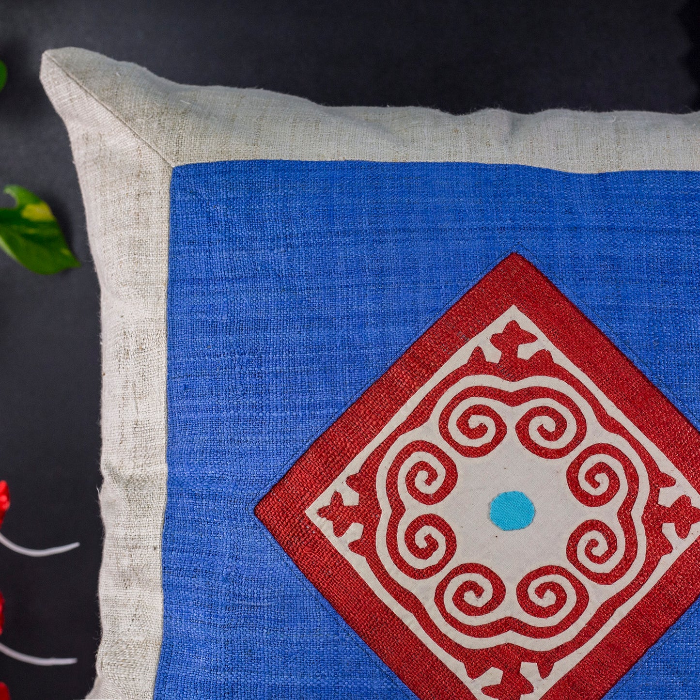 Hemp Cushion Cover - H'mong pattern, light blue hemp at center